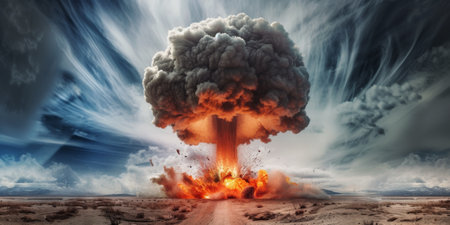 Devastating Nuclear Detonation Creates Mushroom Cloud. Ð¡oncept Sunset Silhouettes, Beach Vacation, Nature Hikes, Family Bbq, Summer Adventure.の素材