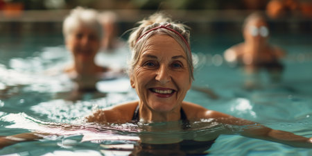 A Cheerful Group Of Senior Women Enjoying Water Aerobics For Vibrant Aging, Copy Space. Concept Senior Women, Water Aerobics, Vibrant Aging, Copy Space.の素材