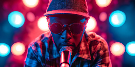 Vibrant Lights Surround An African Rapper, Capturing His Energy In One Snapshot. Ð¡oncept African Rapper In Vibrant Lights, Capturing Energy, African Music Scene, Hip-Hop Culture, Dynamic Portraits.の素材