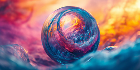 Colorful Liquid In Motion Inside A Transparent Orb, Resembling A Swirling Wave, Copy Space. Ð¡oncept Abstract Liquid Art, Dynamic Water Movement, Mesmerizing Swirls, Fluid Motion Photography.の素材