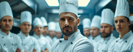 A diverse team of chefs dressed in uniform working together in a restaurant kitchen. Concept Culinary Collaboration, Teamwork in the Kitchen, Chef Unity, Diversity in the Culinary Worldの素材