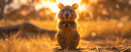 Enchanting Quokka Captured in a Sunset Photorealistic AI Rendering. Concept Wildlife Photography, Quokka Portraits, Sunset Silhouette, Photorealistic AI Renderingの素材