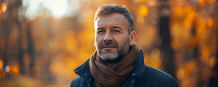 Active middleaged man enjoying a refreshing morning stroll outdoors. Concept Morning Exercise Routine, Outdoor Fitness, Healthy Lifestyle, Active Aging, Enjoying Natureの素材