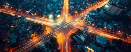 Capturing the Vibrant Nighttime Energy of a Highway Intersection in Thailand. Concept Nighttime Cityscape, Highway Lights, Energetic Traffic, Urban Jungle, Vibrant Nightlifeの素材