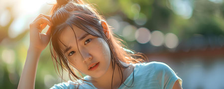 Asian woman with sweat allergy scratches itchy skin caused by hot weather. Concept Heat Rash, Allergic Reactions, Itchy Skin, Summer Skincare, Hot Weather Allergiesの素材