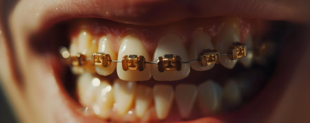 Capturing the Essence of Orthodontic Treatment: A Perfect Closeup of Braces Adorning a Person's Mouth. Concept Orthodontic Transformation, Beautiful Braces, Smiling with Confidence, Braces Closeupの素材