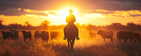 Scenic Australian Outback: A Man on Horse Herds Cattle at Sunset. Concept Sunset in the Outback, Australian Cattle Herding, Horseback Photography, Scenic Landscapes, Rustic Lifestyleの素材
