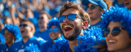Excited fans in a stadium cheering in blue school colors at a college football game. Concept Spectacular Home Runs, Intense Rivalries, Game-Changing Plays, Unforgettable Championshipsの素材