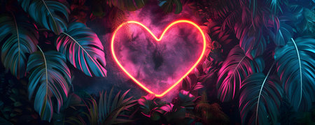 Luxuriant foliage envelops a vibrant neon heart frame, evoking a contemporary and amorous ambiance. Concept Heart-shaped Neon Lights, Lush Greenery, Romantic Atmosphere, Contemporary Aestheticsの素材
