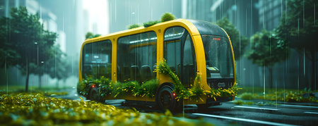 Futuristic eco bus portrays the concept of environmentally friendly urban transport in the city. Concept Eco-friendly Transport, Futuristic Urban Bus, Green City, Sustainable Mobilityの素材