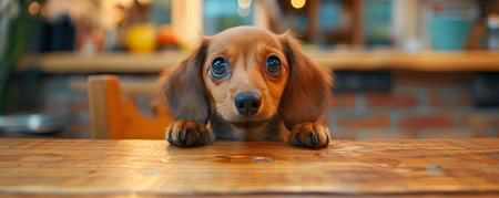 Dachshund puppy eagerly waits at dining table displaying proper etiquette and excitement. Concept Dachshund Puppy Etiquette, Dining Table Manners, Excited Pup, Proper Etiquette, Eager Waitingの素材
