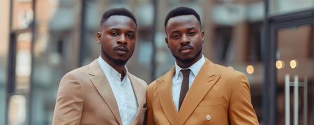 Young Black men pose confidently in urban setting exuding style and unity. Concept Urban Style, Confident Poses, Unity and Brotherhood, Young Black Men, Cityscape Backgroundの素材