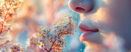 Capturing the Unsettling Essence of Spring Allergies: Intimate View of Pollen Intrusion into Nostrils. Concept Picnics in the Park, Hiking Adventures, Summer Sunsets, Beach Getawaysの素材