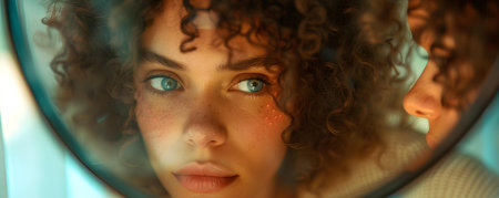 Woman with curly hair examines red inflammations on her face in the mirror. Concept Skincare Routine, Curly Hair Tips, Redness & Inflammation, Mirror Self-Care, Facial Examinationsの素材