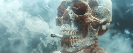Smoking skeleton against a smoky background symbolizes the dangers of tobacco. Concept Anti-Smoking Campaign, Smoking Hazards, Skeleton Symbolism, Smoky Backgroundの素材