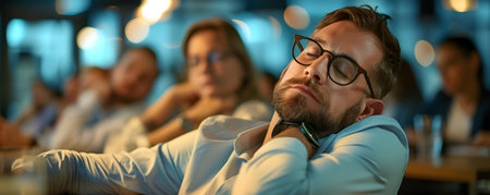 People at a meeting dose off during a snooze-inducing presentation at work. Concept Boredom at Work, Snooze-inducing Presentations, Office Meetings, Sleepy Employees, Lack of Engagementの素材