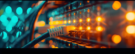 Macro shot of ethernet cable connected to server in hightech facility. Concept Hightech Networking, Server Connectivity, Ethernet Cables, Macro Photography, Facility Technologyの素材