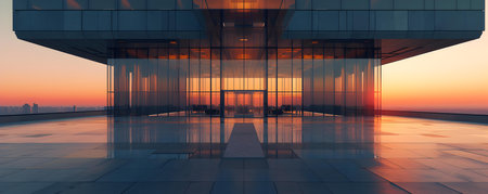 Elegant Tower with Serene Sunrise Illumination and an Empty Floor. Concept Spectacular Skyscrapers, Serene Sunrise, Empty Floor, Elegant Architectureの素材