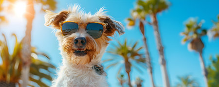 Vibrant image of Aussie dog in sunglasses with palm trees in the backdrop. Concept Sunny Vacation Vibes, Beachside Pup, Tropical Canine, Fashionable Furry Friendの素材