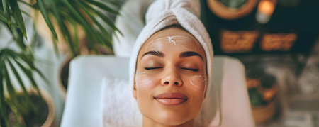 Woman getting pampered at a salon achieving flawless skin and ultimate relaxation. Concept Spa Day, Beauty Treatments, Facial Bliss, Relaxation Retreat, Flawless Skinの素材