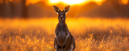 Exquisite Wildlife Portrait: Kangaroo Silhouette against a Golden Sunset. Concept Nature's Majesty, Waterfall cascading through lush green forest, Aerial Adventureの素材