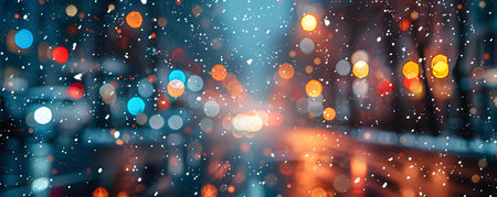 Snowfall at night in the city animated with an artistic anime touch. Concept Anime-inspired Snowfall, Cityscape at Night, Artistic Animation, Winter Wonderland, Magical Atmosphereの素材