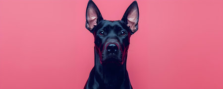 A confident black Doberman Pinscher stands on a pink background perfect for petrelated businesses. Concept Confident Canine, Black Doberman, Pet Portraits, Pink Background, Pet Businessの素材