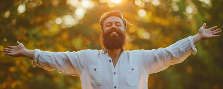 A joyful stylish bearded man celebrates victory with outstretched arms and a smile. Concept Celebratory Man, Stylish Beard, Victory Pose, Joyful Expressionの素材