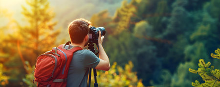 A man with a DSLR camera capturing moments amidst the beauty of nature. Concept Nature Photography, DSLR, Moments, Beauty, Capturingの素材