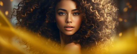 A stunning Voguestyle close-up of a woman with long curly hair- Stunning woman with luscious curly hair showcased in Vogue style blurred backgroundcopy space solid background --ar --v - relaxed stの素材