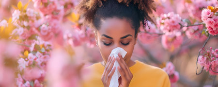 African woman outdoors in spring using a handkerchief due to allergies. Concept Allergy-friendly Spring Outings, African Woman with Seasonal Allergies, Handkerchief Fashion Statementsの素材