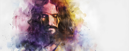 Artistic watercolor portrait of Jesus Christ designed with room for text. Concept Watercolor Portrait of Jesus Christ, Text Space, Artistic Designの素材