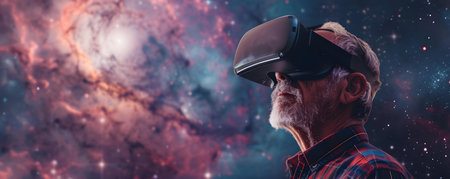 Elderly man astounded by virtual reality immersion amidst cosmic backdrop. Concept Virtual Reality Experience, Elderly Man, Cosmic Backdrop, Astounded Reactionの素材