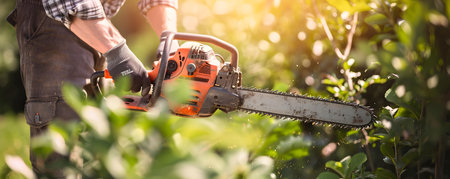 Construction worker using chainsaw to trim trees with power tool on site. Concept Construction Worker, Chainsaw, Tree Trimming, Power Tools, Construction Siteの素材
