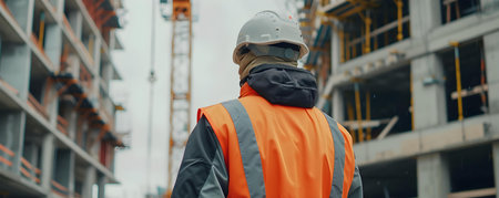 Construction engineer in safety gear checks building progress on a construction site. Concept Construction Site Safety, Building Progress, Construction Engineer, Safety Gear, Site Inspectionの素材