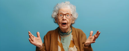 Elderly woman struggling with modern technology expressing surprise and confusion. Concept Technology Confusion, Elderly and Technology, Modern Technology Struggles, Surprise and Confusionの素材