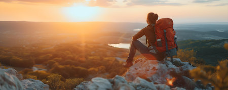 Energized hiker captures joyful selfportrait atop mountain absorbing breathtaking sunset backdrop. Concept Trailblazing Adventures, Majestic Mountain Moments, Sunset Self-portraits, Nature's Beautyの素材
