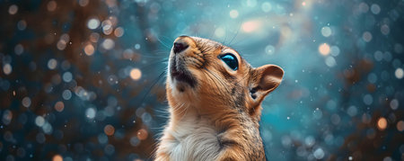 Curious squirrel cosmonaut gazes with wonder at the vastness of space. Concept Squirrel Photoshoot, Space-themed Props, Cosmic Ambience, Curiosity and Wonder, Whimsical Posesの素材