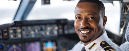 Confident pilot aboard an aircraft wearing a smile and captivating gaze. Concept Aviation Confidence, Smiling Pilot, Captivating Gaze, Aircraft Adventure, Flying Highの素材