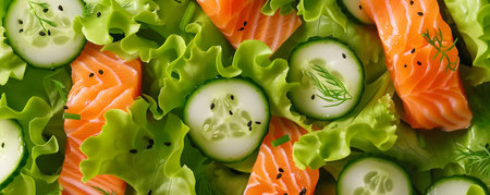 Healthy and vibrant salmon salad with lettuce and cucumbers perfect for special diets. Concept Gluten-Free Salmon Salad, Low-Sodium Salad, Paleo-friendly Salad, Keto-friendly Salad, Dairy-Free Saladの素材