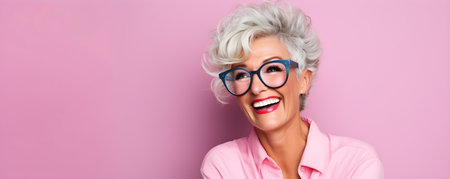 Elegant senior woman posing for funny and memorable portraits blurred backgroundcopy space solid background --ar --v - relaxed stealth. Concept Senior Woman Portraits, Funny and Memorable Momentsの素材