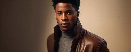 Closeup of fashionable black man in a jacket Model in studio with natural light blurred backgroundcopy space solid background --ar --v - relaxed stealth. Concept Fashionable Black Manの素材