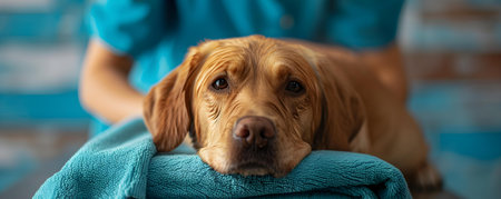 Groomer sprays dog as it rests comfortably in a towel. Concept Pet Grooming, Dog Massage, Pampered Pets, Relaxation Techniques, Professional Dog Groomingの素材
