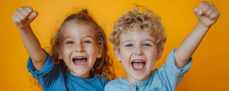 Energetic and joyful kids expressing their enthusiasm and liveliness. Concept Dynamic and active children, Excitement and joy, Spirited expressions, High-energy posesの素材