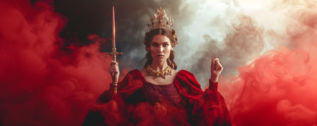 Powerful medieval queen adorned in red wielding wand and crown. Concept Medieval Royalty, Powerful Queen, Red Attire, Wand and Crown, Symbol of Authorityの素材