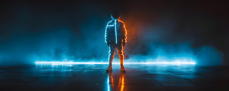 Shine in the dark with LED jacket smart tshirt and hightech sneakers. Concept LED Fashion, Smart Clothing, Glow in the Dark, High Tech Sneakers, Futuristic Styleの素材