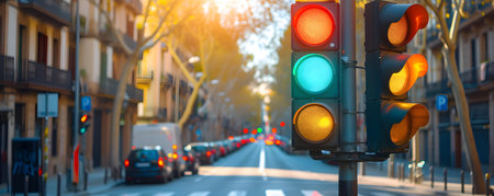 Busy financial district in Barcelona with a vibrant traffic light concept. Concept Financial District, Barcelona, Traffic Lights, Vibrant Conceptの素材
