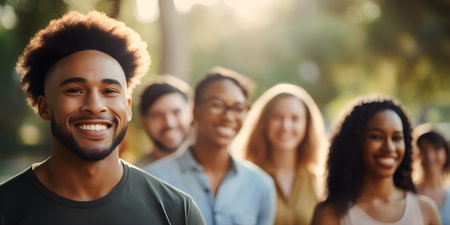 A crowd of diverse people standing and smiling together in a park. Concept Group Photo, Outdoor Gathering, Diversity Celebration, Community Smiles, Happy Facesの素材