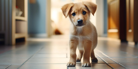 A puppy eagerly waits in a cozy indoor hallway for its human companion. Concept Indoor Photoshoot, Cozy Setting, Puppy Love, Waiting Game, Furry Friendの素材