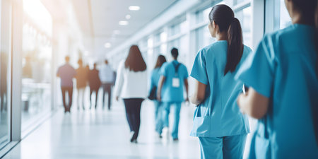 A group of healthcare professionals strolling along a hospital corridor. Concept Medical Team, Hospital Setting, Group Portrait, Healthcare Workers, Professional Attireの素材